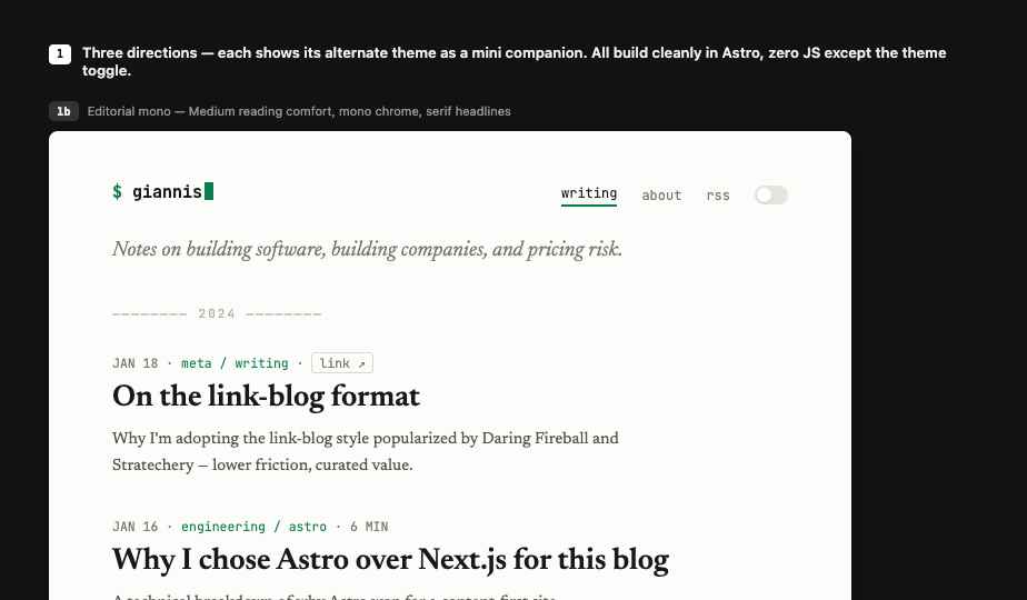 Editorial layout in mono with serif headlines and Medium style reading comfort.