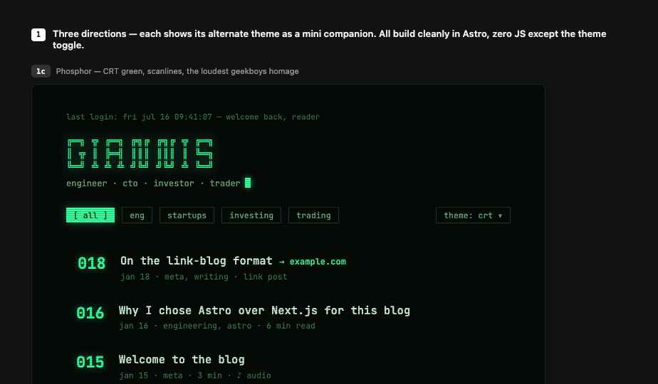 Phosphor theme in CRT green with scanlines, a louder geekboys homage.
