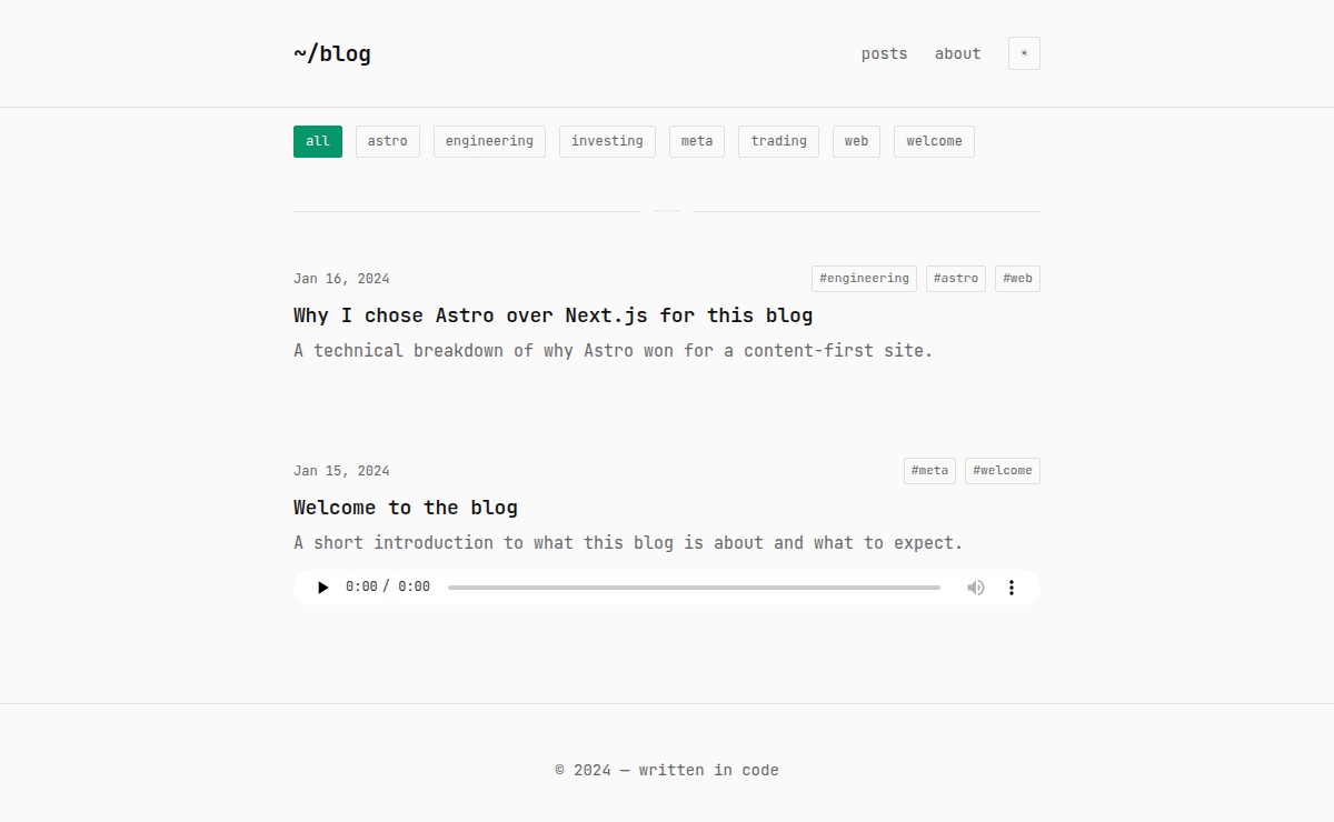 Open Design's result: a light, plain, mono layout with tag chips and a post list.